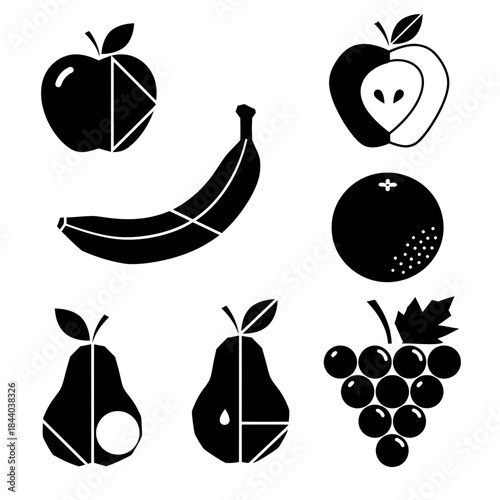 Vibrant fruit collection featuring modern geometric designs of apples bananas oranges pears and grapes perfect for healthy lifestyle branding