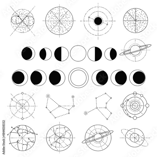 Elegant celestial diagrams and astronomical symbols capturing cosmic wonder and scientific exploration for modern design projects