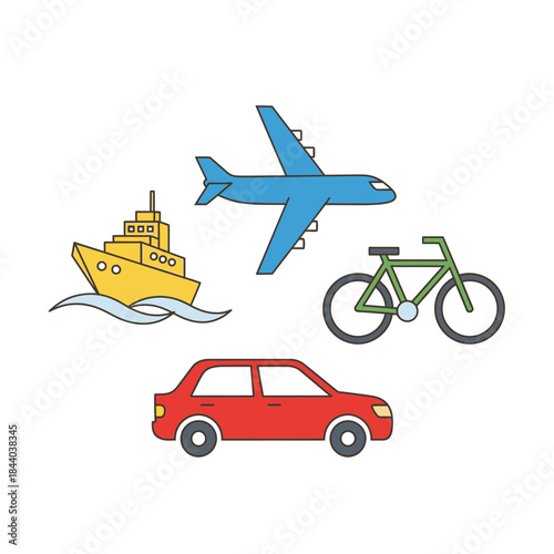 Explore the world with diverse transportation options including a vibrant car, speedy airplane, classic bicycle, and a majestic ship sailing on waves.