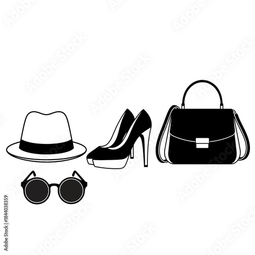 Elegant fashion ensemble featuring a stylish fedora hat, chic high heels, designer handbag, and sophisticated sunglasses for a glamorous look