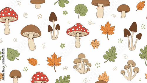 Whimsical Mushroom Pattern: A playful assortment of cartoon mushrooms and leaves dances across the surface, creating a delightful and cheerful pattern.