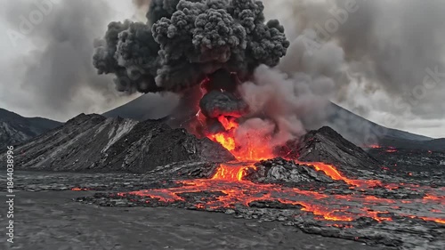 Volcanic eruption spewing molten lava and dark ash clouds with lightning in the sky over stark obsidian plains