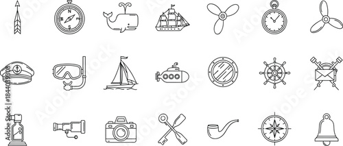 Black and White Nautical Icon Set Featuring Marine Exploration, Sailing, Navigation, Diving, and Maritime Adventure Symbols for Design Projects