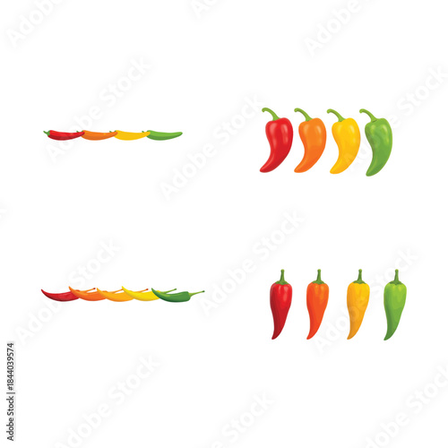 Spicy Food Heat Indicator with Gradient Chili Peppers in Red Orange Yellow Green Colors Isolated on White