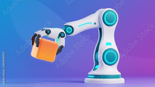 Futuristic robotic arm assembling a cube with glowing effects.