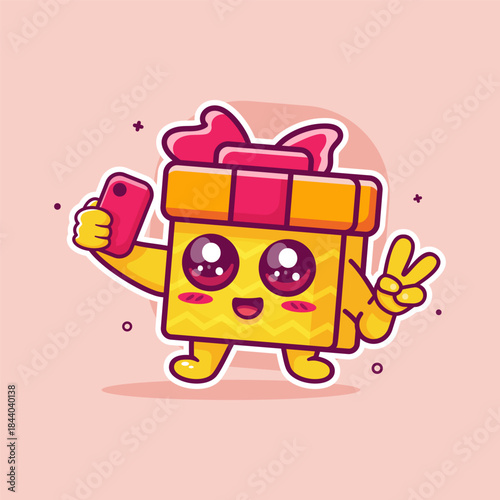 happy gift box character mascot taking a selfie with a smartphone isolated cartoon 
