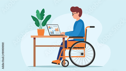 Disabled Worker (Wheelchair User) Doing Remote Work on Laptop.eps