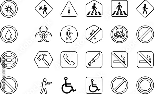 Black and White Safety Icons Set for Public Warning, Prohibition, Accessibility, Hazard, Navigation, and Informational Signage Design Use