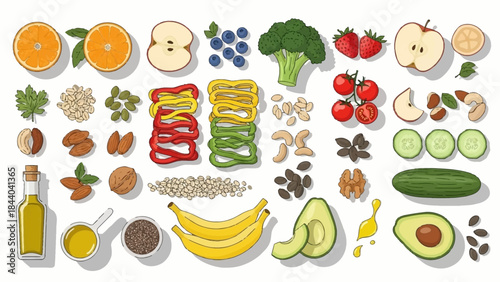 Colorful Assortment of Fresh Fruits, Vegetables, Nuts, and Oils for Healthy Eating.