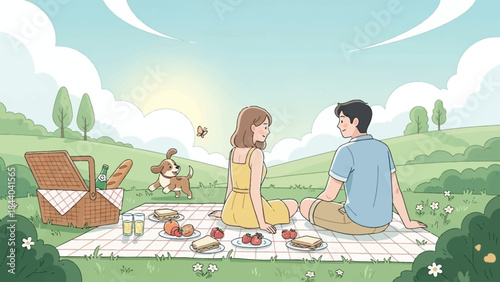 Couple enjoying a romantic outdoor picnic with their dog.