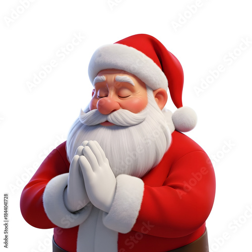 Santa Claus praying with eyes closed, hands clasped in a gesture of peace and hope, a symbol of Christmas spirit and holiday wishes