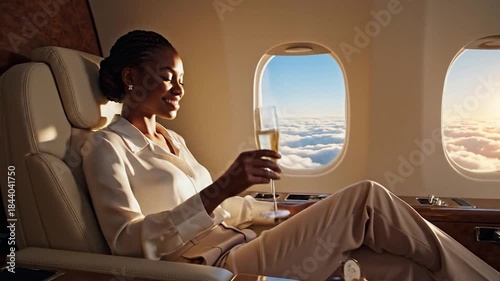 Elegant woman enjoys champagne aboard private jet with stunning cloud views, perfect for luxury travel and high-end lifestyle marketing campaigns now