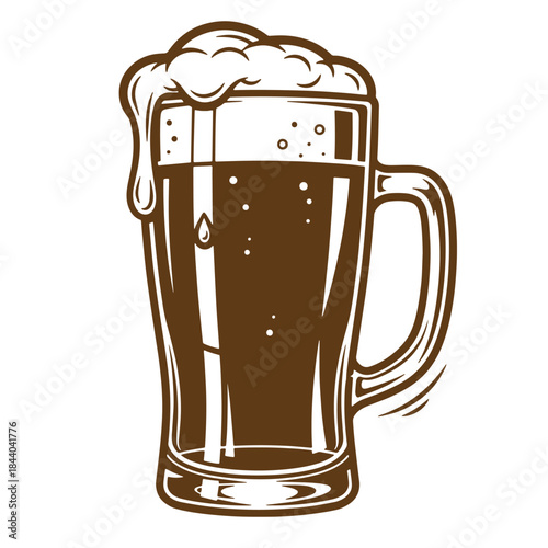 A vector illustration of a classic beer mug overflowing with foam and drink sketch vintage