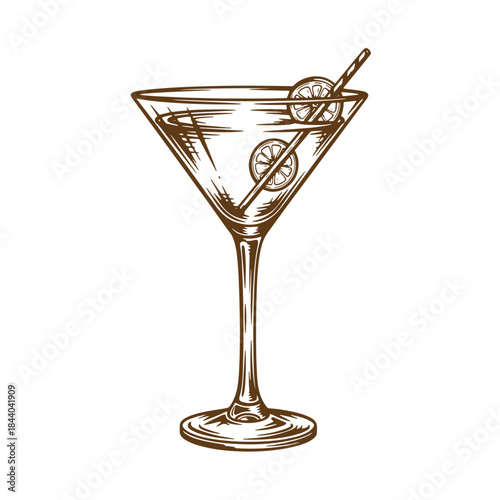 Artistic sketch illustration of a martini cocktail with lemon garnish and a straw