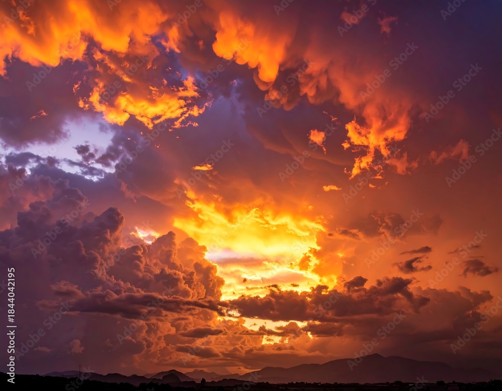 Fototapeta premium Fiery orange clouds illuminate a vibrant sunset over silhouetted land