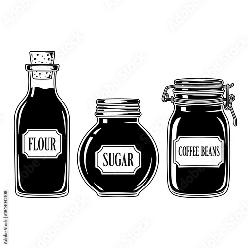 Vintage pantry jars with flour, sugar, and coffee beans labels add a touch of classic charm to your kitchen or cafe decor, a retro culinary illustration