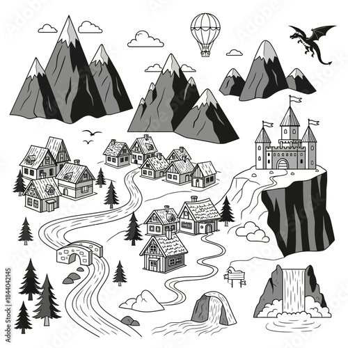 Enchanting fantasy world map with majestic mountains, charming village, soaring dragon, and medieval castle, perfect for storybooks and game design