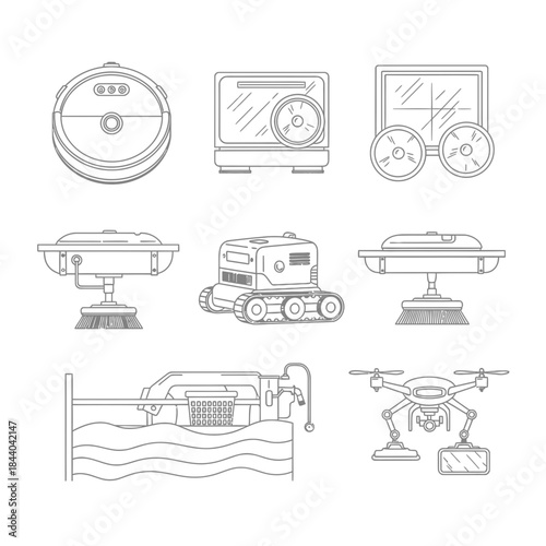 Modern Automated Cleaning Solutions Line Art: Showcase your cleaning business with these sleek, professional designs - perfect for websites and presentations