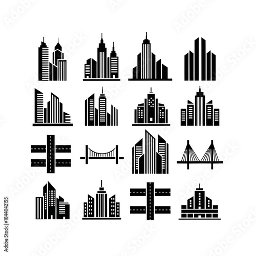 Modern cityscapes featuring sleek skyscrapers and bridges, perfect for urban planning and architectural designs, originally a scalable vector graphic.