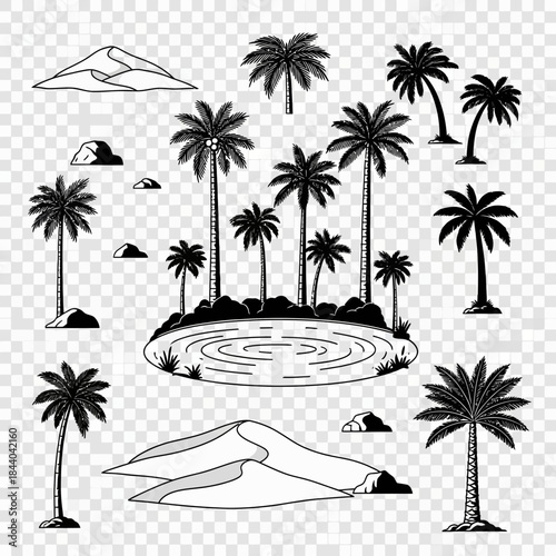 Dreamy desert oasis with palm trees and sand dunes, perfect for travel posters, exotic branding, or creating a relaxing vacation vibe through illustration