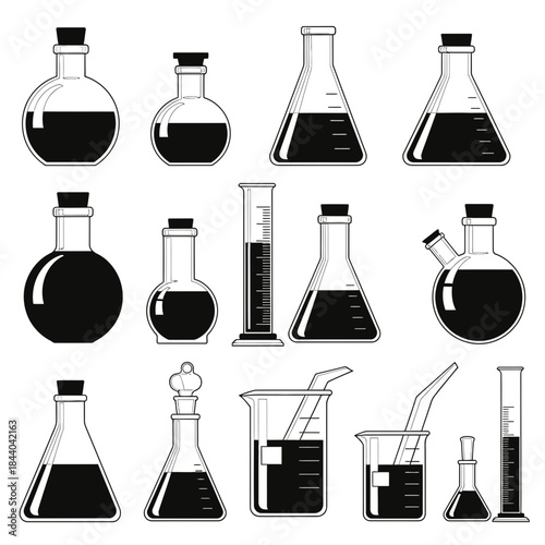 Laboratory glassware collection, perfect for science education, research presentations, or creating eye-catching scientific designs, originally vector graphics