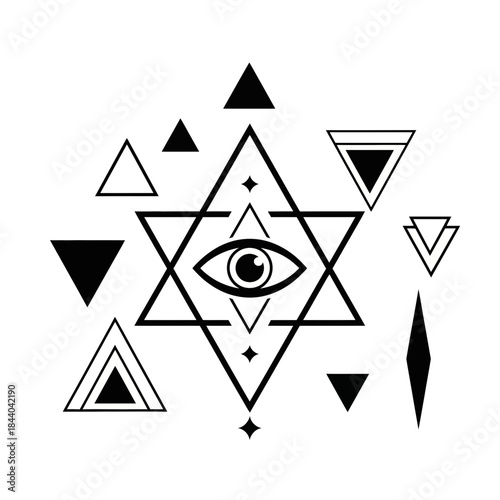 Modern occult design featuring an all-seeing eye surrounded by geometric shapes, perfect for mystical themes, witchcraft design, or minimalist spiritual art projects