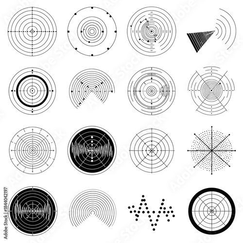Various abstract radar screens and sonar displays showcase target acquisition, navigation, and data analysis, perfect for technology and defense visuals