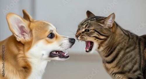 Corgi and tabby cat snarling at each other conveying pet rivalry and animal aggression with opened