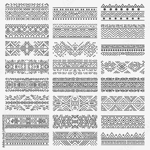 Trendy tribal patterns for ethnic designs, ideal for creating unique borders and textile prints with a modern, handcrafted feel, originally scalable