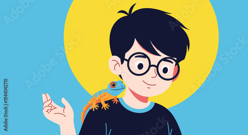 Smiling boy with glasses looking happy, with a small colorful pet gecko or lizard resting comfortably on his shoulder.