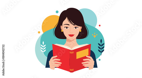 Intelligent and beautiful woman smiling as she reads a red book, surrounded by abstract colorful shapes and decorative leaves.