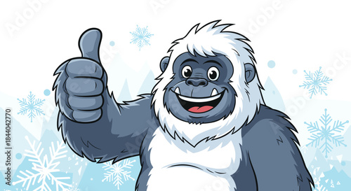 Friendly and happy yeti, or abominable snowman, giving a big thumbs up with a cheerful smile against a snowy background.