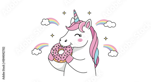 Adorable white unicorn with a pink and blue mane happily eating a big pink frosted donut, surrounded by rainbows and stars.
