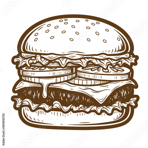 Delicious vintage sketch illustration of a fully loaded classic hamburger on white background
