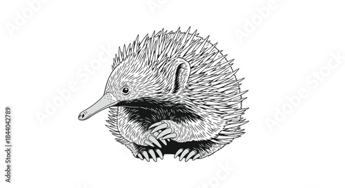 Detailed black and white sketch of a cute echidna with sharp spines and a long snout, curled up in a defensive posture.
