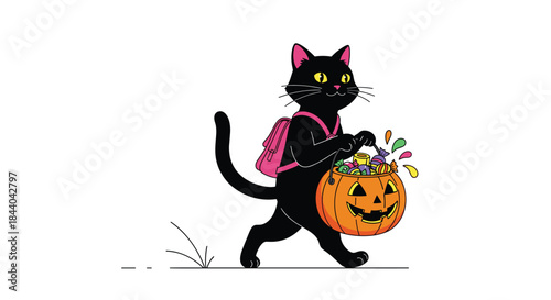 Whimsical illustration of a cute black cat wearing a pink backpack and carrying a jack-o'-lantern bucket filled with candy.