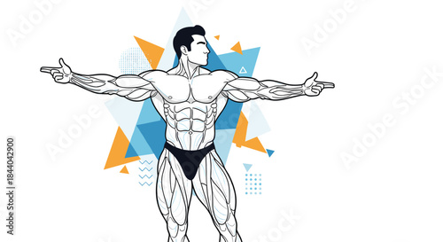 Line art illustration of a muscular bodybuilder with defined abs and biceps, striking a classic pose on a geometric background.