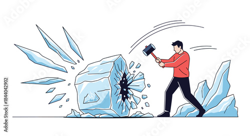 Dynamic illustration of a man in a red sweater using a large sledgehammer to break a massive block of ice into sharp shards.