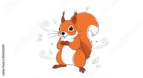 Adorable cartoon squirrel with a big fluffy tail standing on its hind legs, with swirling green leaves and a gentle breeze around it.