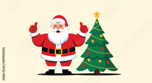 Cheerful Santa Claus with a big white beard giving two thumbs up, standing next to a beautifully decorated Christmas tree with a star.