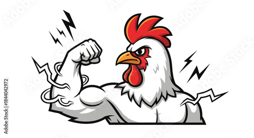 Strong and angry rooster mascot with a red comb, flexing a huge muscular bicep with lightning bolts arcing around its arm.