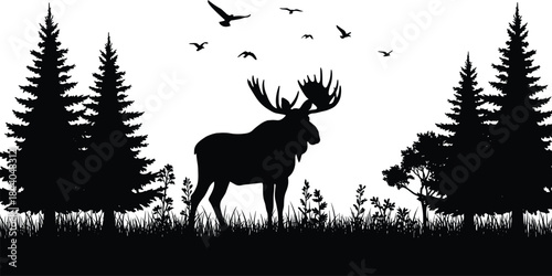 Black silhouette of a moose with large antlers standing in grass with pine trees and flying birds animal