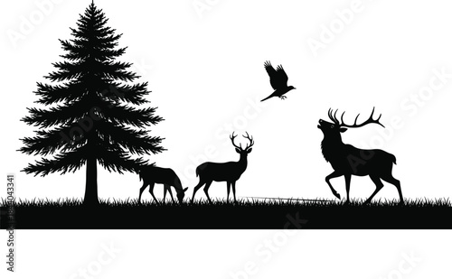 Black silhouette of deer and bird in forest landscape with pine tree stag fawn