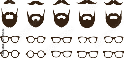 Collection of five different brown mustaches and beards and five different brown glasses eyewear facial hair