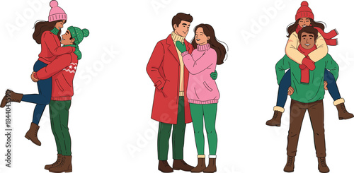 Couple embracing in winter clothing with hats and scarves love embrace