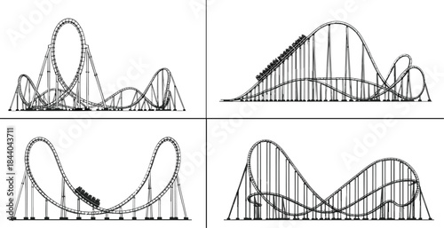 Four black and white line art illustrations of roller coasters with loops and curves amusement park theme park