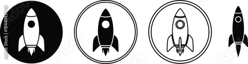Four rocket icons in black and white with different styles and backgrounds spaceship space