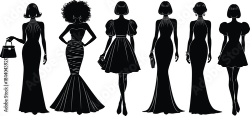 Six black silhouette women in elegant evening gowns and accessories female fashion 1