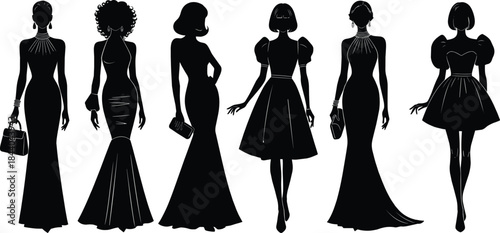 Six black silhouette women in elegant evening gowns and accessories female fashion