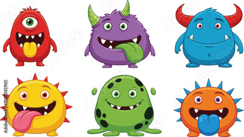 Six colorful cartoon monsters with big eyes and wide smiles cute character
